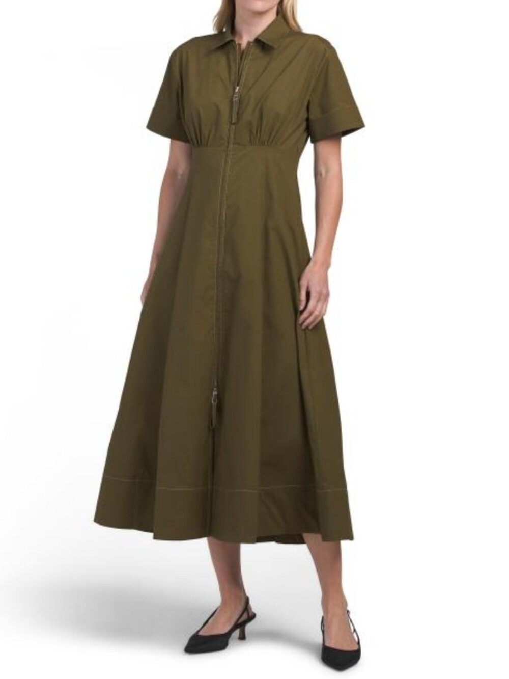 ELIE TAHARI Short Sleeve Collar Zip Up Midi Dress With Contrast Stitching